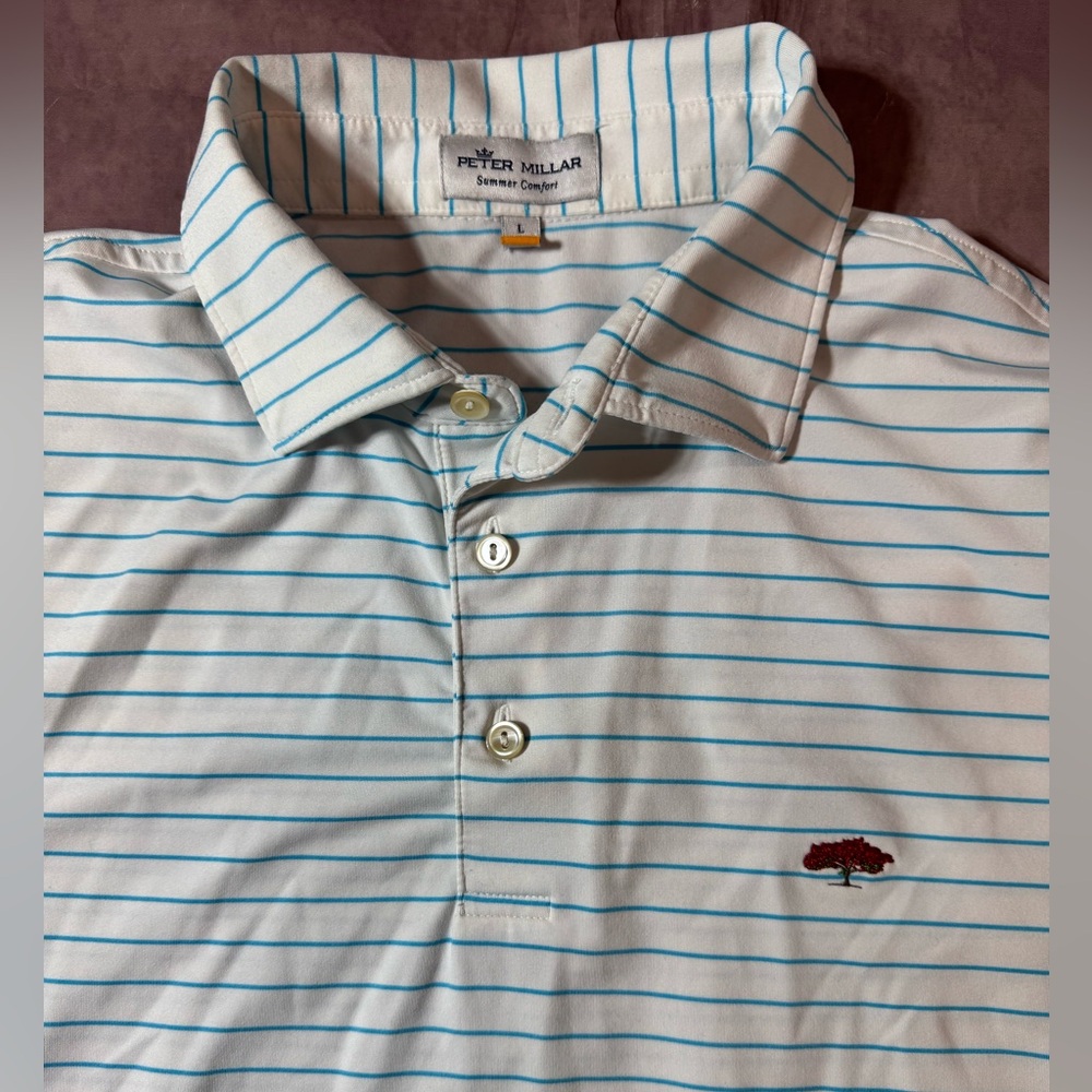 Peter Millar Summer Comfort Polo Shirt Mens Sz Large White Teal Stripes Golf PGA